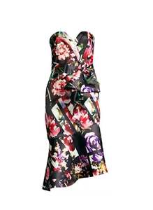 Schwarzes trägerloses asymmetrisches Satinkleid mit Blumenmuster von Parker Größe 2 - Bild 1 von 7