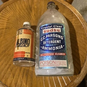 Vintage 40s-50s Albino Bleach 1/2 Pint + Sudsy Ammonia Glass Bottle Paper Labels - Picture 1 of 11