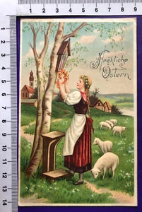 Biglietto in rilievo auguri Pasqua ragazza corona di fiori croce pecore Baiersdorf 1915 - Foto 1 di 2
