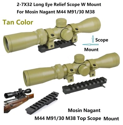 Tan Mosin Nagant 2-7x32 Long Eye Relief Scout Scope W Mount for M44 M91/30 & M38 - Image 1 of 4