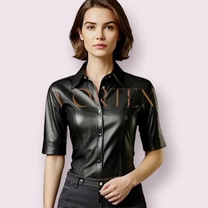 Handmade Real Black Lambskin Leather Shirt Quilted Slim Fit Women's Design Style - Picture 1 of 3