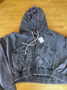 Free People Zip Up Hoodie Washed Black Sz Large NWT $98 Retail - Picture 1 of 5