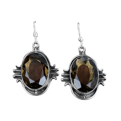 Valentines Deal Smoky Quartz Gemstone 925 Sterling Silver Dangle Drop Earrings - Image 1 of 4
