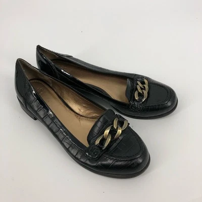 Joan & David Womens Luxe Loafers Size 7.5 Black Leather Gold Tone Chain Slip On - Image 1 of 4