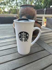2013 Starbucks Coffee Mug Cup 16oz White Ceramic Tall Siren Black Logo W/ Lid - Picture 1 of 8