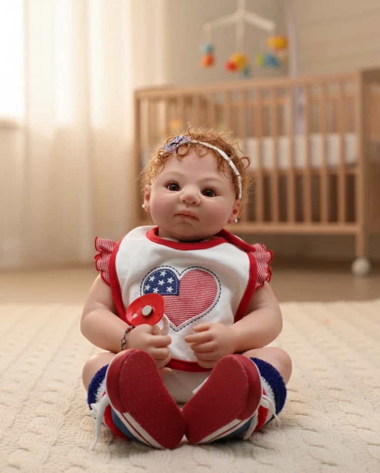 Bebé niña renacida 21” cuerpo de tela pelo castaño rojizo ojos marrones muñeca realista hecha por artista Foto 1 de 4