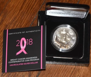 2018 Breast Cancer Awareness Unc Silver Dollar Coin W/ Box COA - Picture 1 of 3