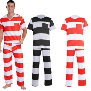 Women/Mens Jailbird Convict Uniform Halloween Prisoner Jail Cosplay Costume - Picture 1 of 24