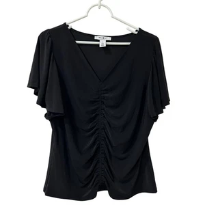 White House Black Market Women Sz Large Black V Neck Ruched Blouse Office Preppy - Picture 1 of 4