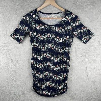 Motherhood Maternity XS Floral Ruched Top Blue Pink White Short Sleeve Blouse - Image 1 of 4