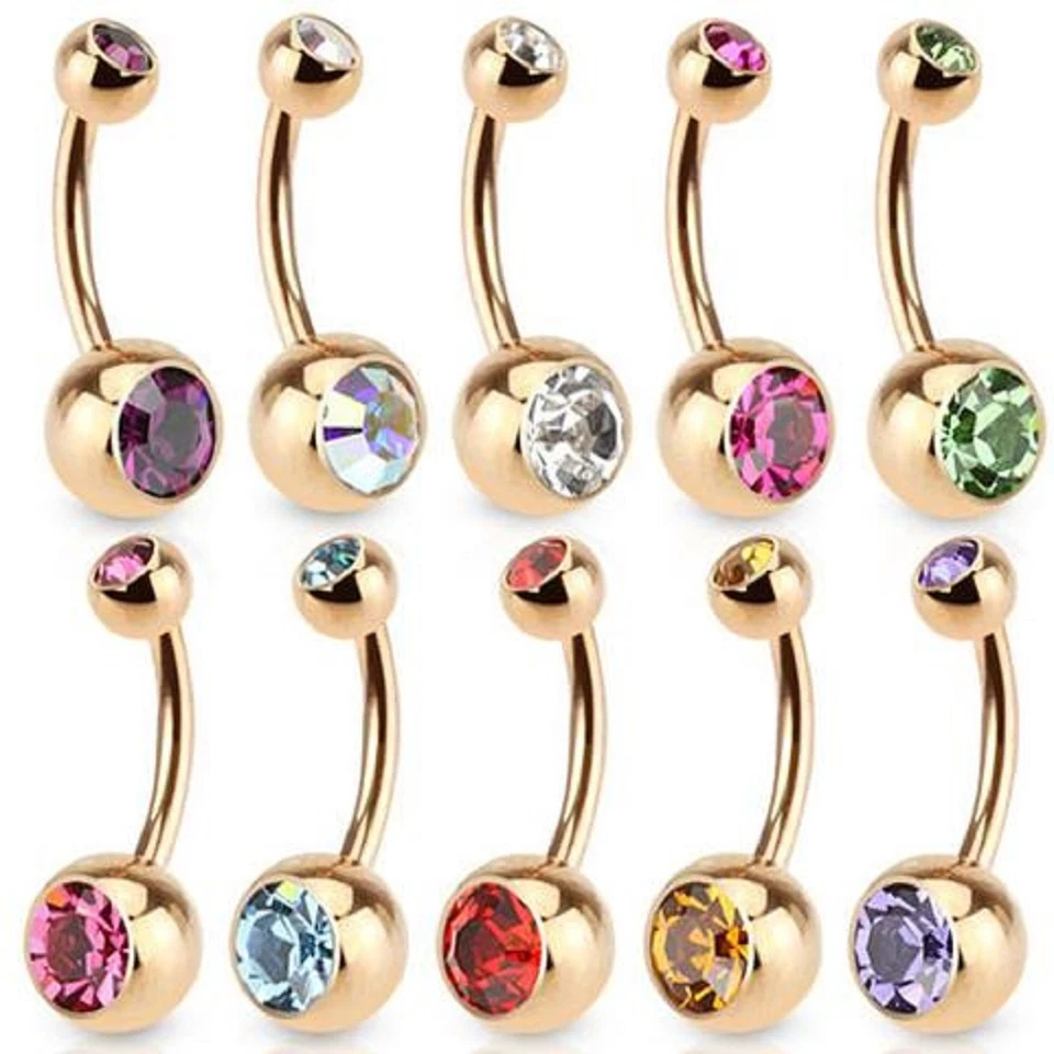 Gold Belly barbell Double CZ Plated over Surgical Steel 14g, 5/8mm balls B/2/4/9 - Image 1 of 1