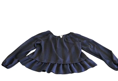Blusa Merona Mujer XXL Azul Negra A Cuadros Manga Larga Volantes Parte Inferior Top Exe Foto 1 de 4