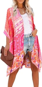 Moss Rose Women's Beach Cover up Swimsuit Kimono with Floral Print Pinks - Picture 1 of 4