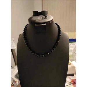 VINTAGE MONET BLACK GLASS ROUND BEADS WITH GOLDTONE CHAIN NECKLACE 18" - Picture 1 of 3