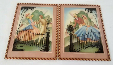 2 Vintage 1940s Convex Glass Silhouette Pictures 1800 Era Courting Couples 36R Cover