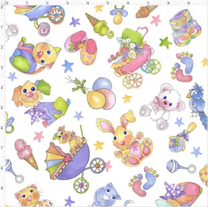 Loralie Busy Baby weiß Quilt Stoff verkauft von 1/2 Yard #692-454 - Bild 1 von 1
