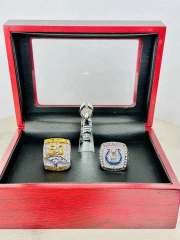 2 PCS Peyton Manning Super Bowl Championship Ring Set W Box + Trophy, US SHIP Cover