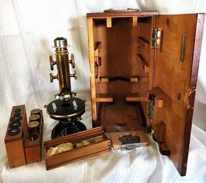Antique Microscope Ernst Leitz Wetzlar #142703 Book Slides Wood storage box Rare - Picture 1 of 9