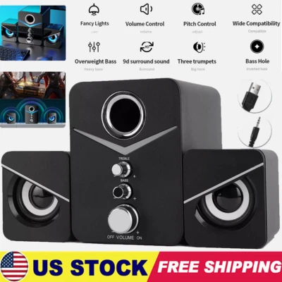 USB Powered PC Speakers with Subwoofer Stereo Sound 3.5mm AUX for Desktop Laptop - Image 1 of 4