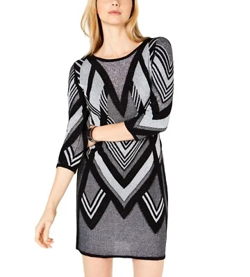 NY Collection Womens LP Black Silver Metallic Geometric Sweater Dress NEW - Image 1 of 3