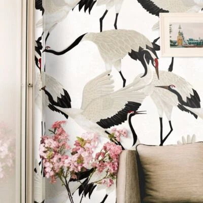 White Ecological Wallpaper Herons in Paper Sheets Made in Italy - Image 1 of 4