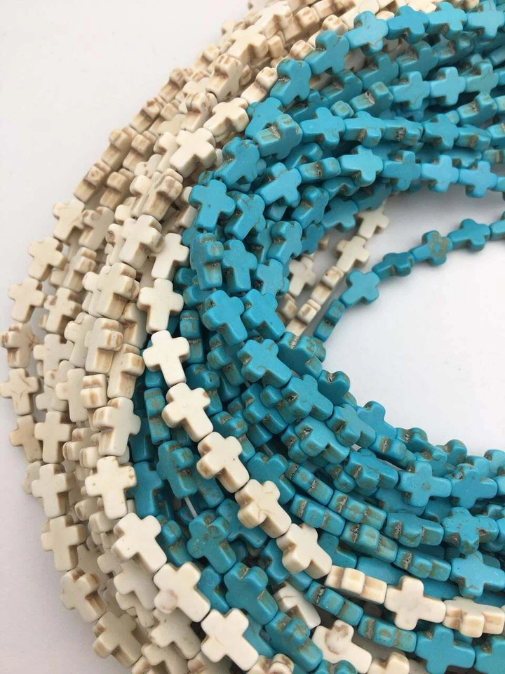 Blue or White Howlite Turquoise Cross Beads 8x10mm 15.5" Strand - Image 1 of 4