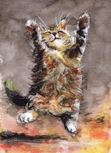ACEO Original Art Card Cat Home Animal Watercolor 100% Hand Painting - Picture 1 of 1