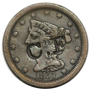 1857 Braided Hair Half Cent, C-1, "C.F" counterstamp, Brunk F-17 - Picture 1 of 3