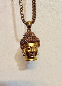 Gold Stainless Steel Happy Buddha Head Pendant Necklace On 22” Chain - Picture 1 of 4
