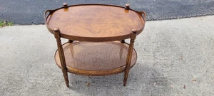 Heritage French Loius XVI Style 2 Tier Burl Walnut Cane Shelf Table - Picture 1 of 22