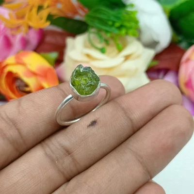 Natural Peridot Rough Gemstone 925 Silver ring Handmade Raw jewelry Gift For Her - Image 1 of 4