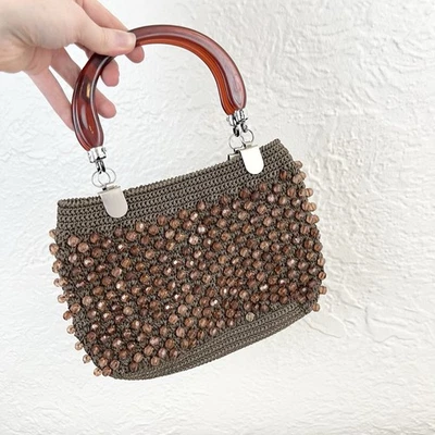 复古迷你包钩针串珠 Lucite 手柄棕色 — 第 1/4 张图片