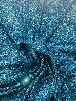 Aqua Sequin on Stretch Velvet 4-Way stretch fabric by the yard 60" Wide - Image 1 of 3