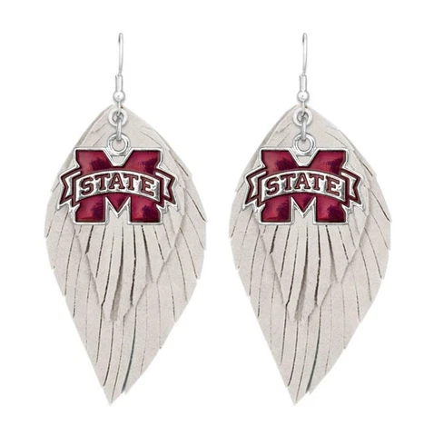 Mississippi State Bulldogs White Maroon Boho Leather Feather Earrings Jewelry Cover