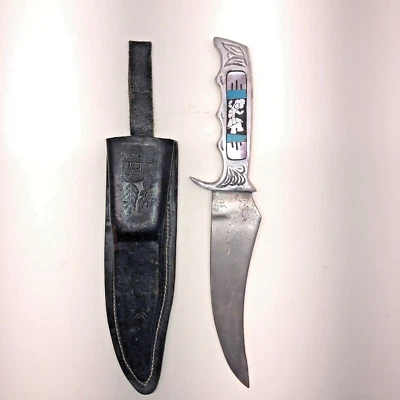 VTG Hunting Knife Turquoise Mother of Pearl Inlay & Sheath Made in Philippines - Image 1 of 4