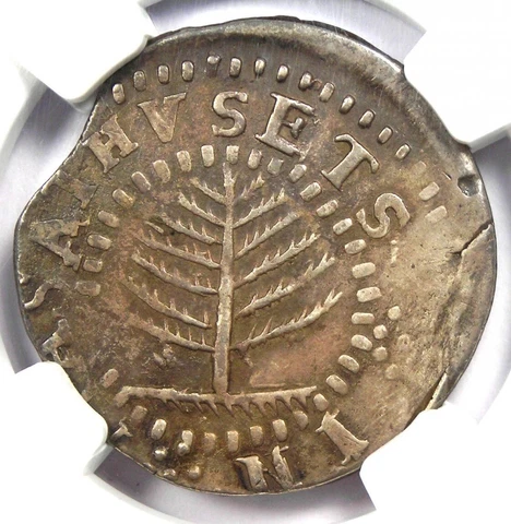1652 Massachusetts Pine Tree Silver Shilling 1S - Certified NGC XF Detail - Rare Cover