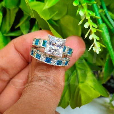 2 Karat Princess Vintage Braut Ring Set Trauring Verlobungsring Weißgold-Finish - Bild 1 von 4