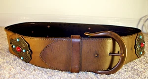 LINEA PELLE wide leather belt, bohemian, fits waist 34 1/2" - 37 3/4" - Picture 1 of 10