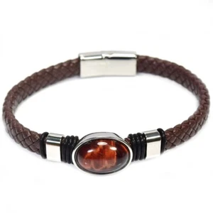 925 STERLING SILVER NATURAL TIGER EYES & BROWN LEATHER CUFF BANGLE, 7.5 - Picture 1 of 6