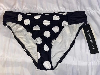 NWT La Blanca Polka Dot Shirred Tab Swimsuit Bikini Bottom 8 Back White (B1) - Image 1 of 2