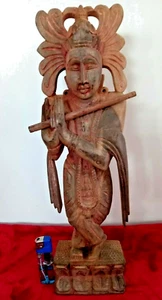 Estatua de flauta de ídolo hindú tallada a mano estatua de palo de rosa de colección 16"" - Imagen 1 de 12