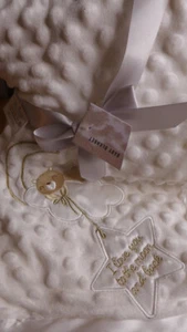 Baby Blanket White "MOON and BACK" Love Satin Bear 40x30" Fancy Gold NWT Welcome - Picture 1 of 15