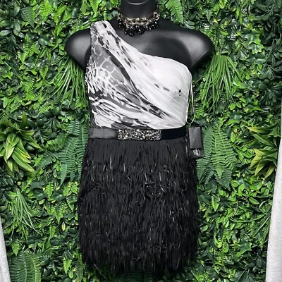 LA FEMME Dress Women 12 Black White  Fringe One Shoulder Pleated Statement  2744 - Image 1 of 4