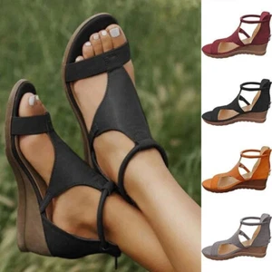 Womens Ladies Gladiator Low Wedge Sandals Comfort Summer Strap Beach Shoes Size - Picture 1 of 15