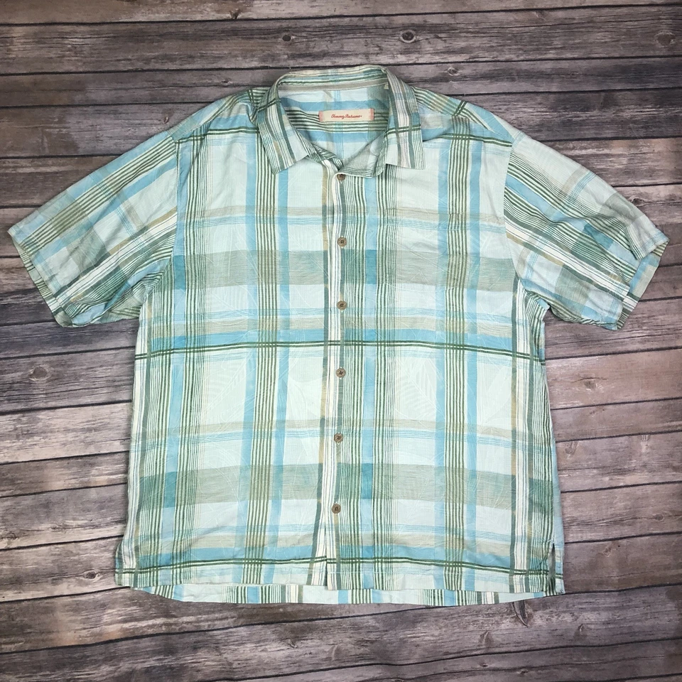 Camisa Tommy Bahama Para Hombre XL Azul Verde A Cuadros 100% Seda Abotonada Manga Corta Foto 1 de 4