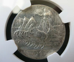ITALY 1 lira 1910 NGC AU 58 UNC Quadriga Horse Silver Victory King Vittorio Slab - Picture 1 of 3