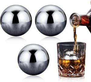 3 Pcs Large round Whiskey Stones Spherical Reusable Stainless Steel Ice Cubes - Picture 1 of 12