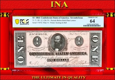 $1 Confederate 1864 Obsolete Currency T-71 PF-12 CR-574 US Civil-War PCGS 64 - Image 1 of 2
