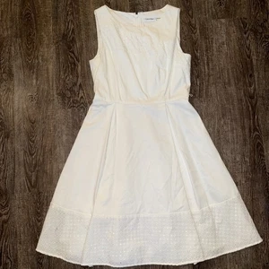 CALVIN Klein White Dress Sz 6Cotton/Spandex Eyelet Accent Zip Back Lined NO BELT - Picture 1 of 6