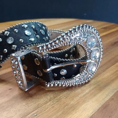 Y2K Fashion Rhinestone Belt Vegan Leather Studded Size S Western Rocker Biker - Image 1 of 4